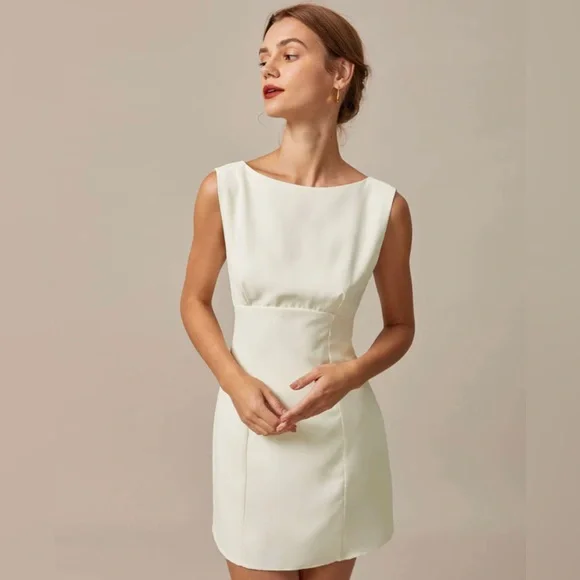 NWT RIHOAS The Beige Boat Neck Back Bowknot Mini Dress Sz S - Picture 4 of 7